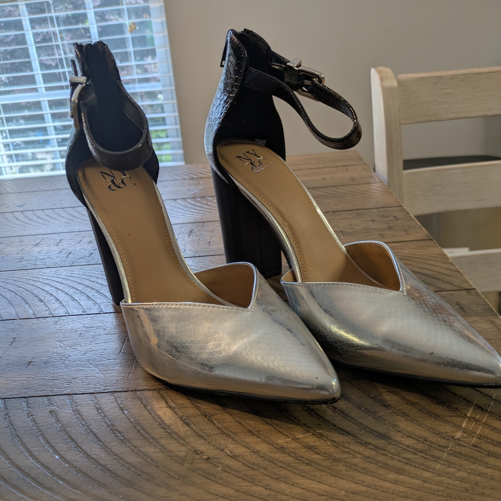 New York & Company Silver Black D'Orsay Heels